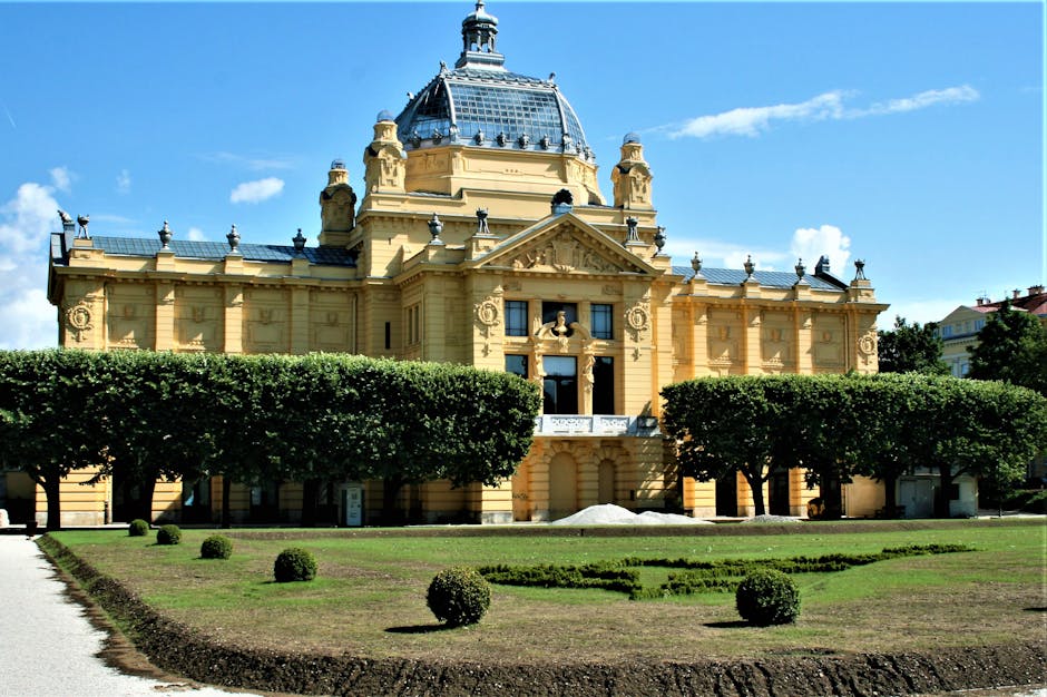 A stunning view of the historic Art Pavilion in Zagreb, Croatia, captured on a bright sunny day.