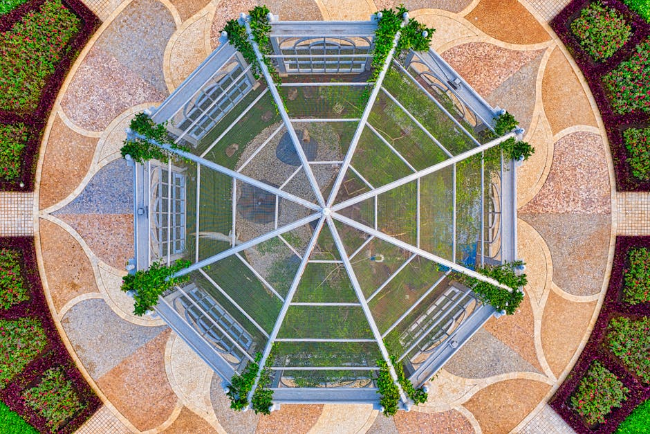 Aerial shot showcasing intricate geometric garden layout in Banten, Indonesia.