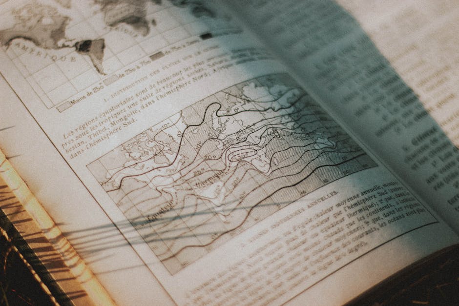 From above pages of opened book with letters and maps placed on grassy ground in rural area with bright sunlight in countryside
